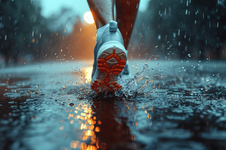 Running shoes close-up. Female athlete running in rain on rainy day.の素材