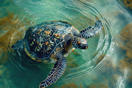 Green sea turtle swimming in the water. Close-up view.の素材