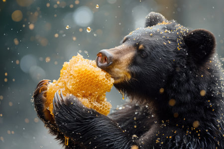 Close-up of a black bear eating honey from a honeycombの素材