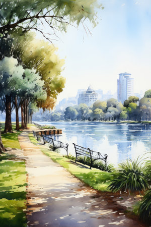 Watercolor painting of a park on the bank of the river.の素材