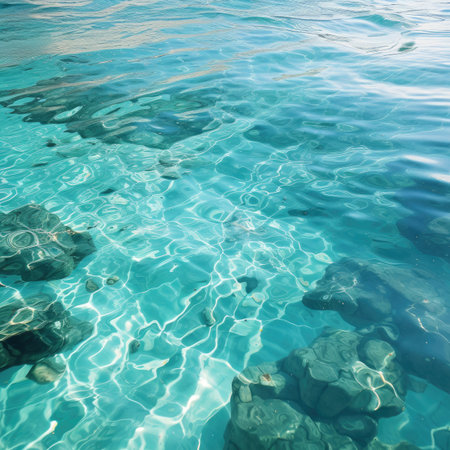 Beautiful turquoise sea water surface with rock and stones.の素材