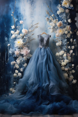 Wedding dress on a hanger with flowers. Dark background.の素材