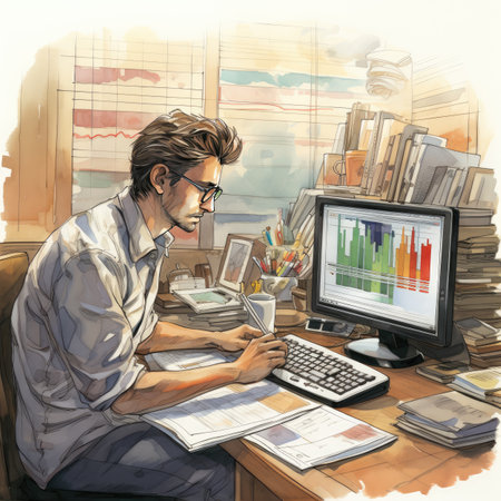 Young man working on computer in office.の素材