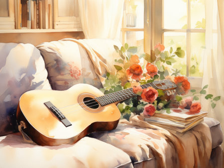 Guitar on the bed with a bouquet of roses.の素材