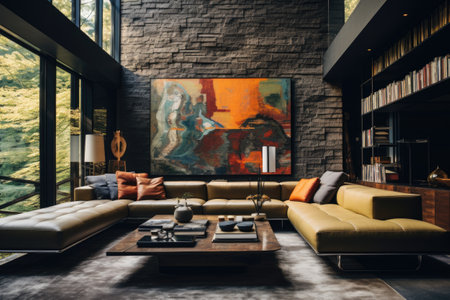 Interior of modern living room with brown leather sofa, coffee table, bookshelf and black brick wall.の素材