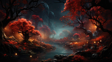 Fantasy landscape with dark forest and lake,の素材