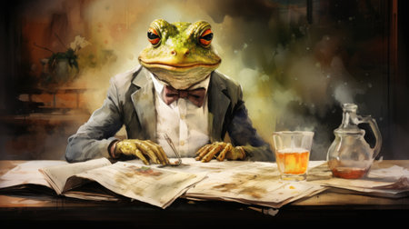 Frog sitting at a table with a book and a glass of beerの素材
