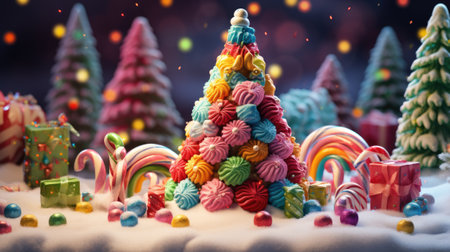 Christmas tree made of multicolored candies and lollipops in the snowの素材