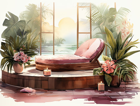 Vector illustration of a beautiful tropical resort with palm trees and sunsetsの素材