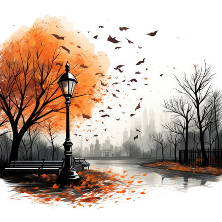 Autumn park with trees, lantern and birds.の素材