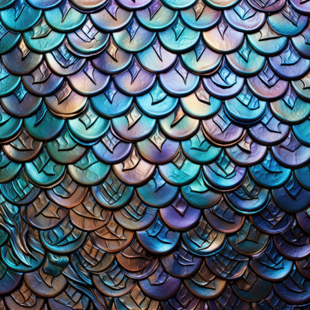 close up of a colorful fish scales on a wall in a templeの素材
