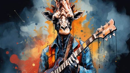 giraffe playing guitar in front of colorful grunge background.の素材