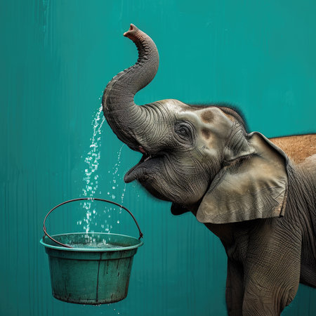 Elephant drinking water from a bucket on a green wall background.の素材