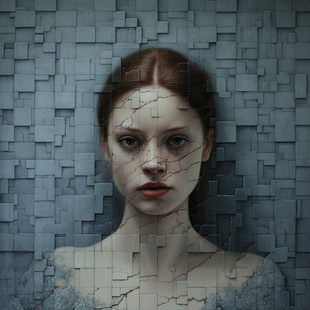 a beautiful girl with her face in the broken glassの素材