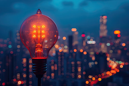 Incandescent light bulb on blurred city background. Energy saving concept.の素材