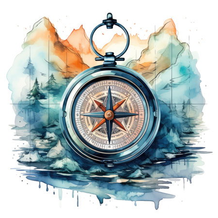 Compass on the background of the mountains. Watercolor illustration.の素材