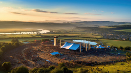 Panoramic view of the city from the top of the hill at sunsetの素材
