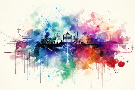Modern cityscape with colorful watercolor splashes on white background.の素材