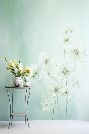 White flowers in a vase on a wooden table and green wallの素材