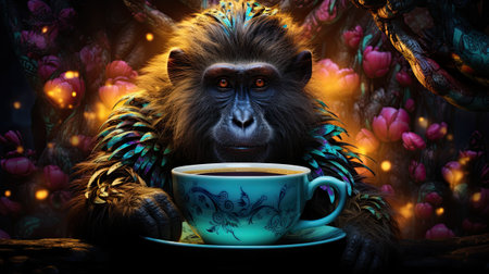 Monkey with a cup of coffee on the background of magic forest.の素材