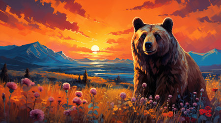 Cartoon scene with bear on meadow at sunsetの素材