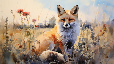 a red fox in a field of wildflowersの素材