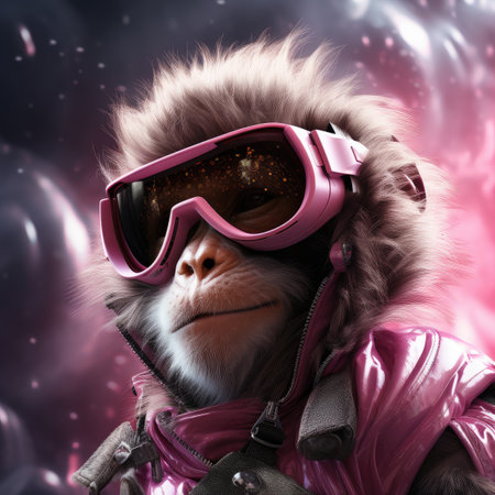 Monkey in a ski suit and goggles on an abstract background.の素材