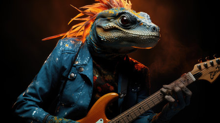 Portrait of a punk rock musician with a guitar on a dark backgroundの素材