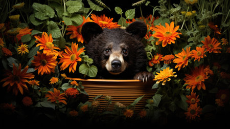 brown bear in a basket with flowers on a black backgroundの素材