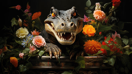 Crocodile statue and flowers on black backgroundの素材