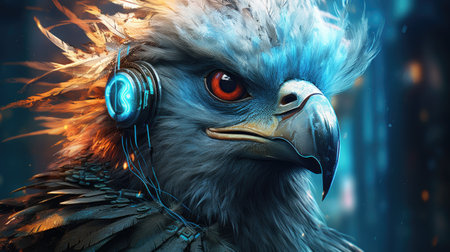 Eagle with headphones listening to music.の素材