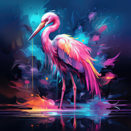 a pink heron on a background of blue fireの素材