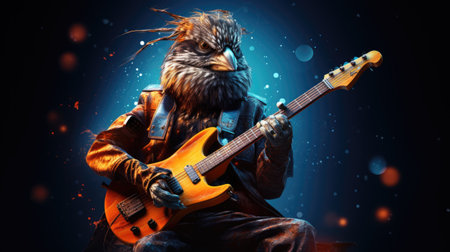 Young man playing electric guitar on dark background with lights and smoke conceptの素材