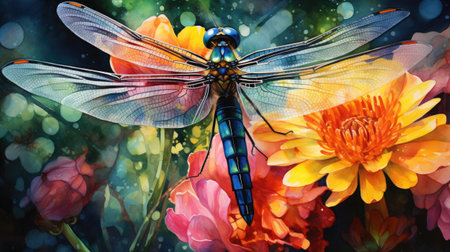 Beautiful dragonfly with flower on nature background.の素材
