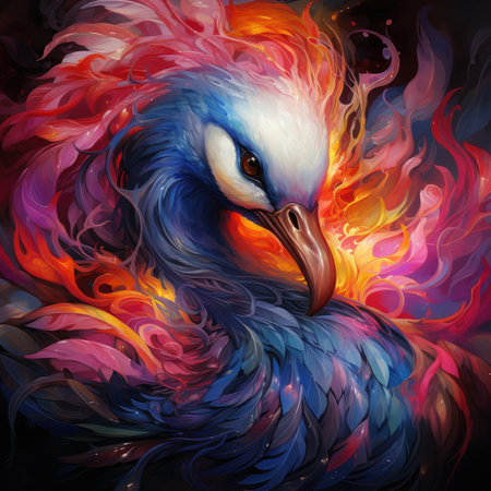 Colorful bird on fire background.の素材