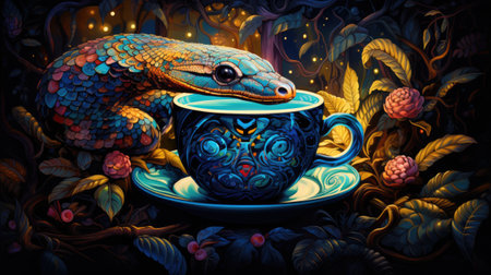 a cup of coffee with a snake on a decorative backgroundの素材