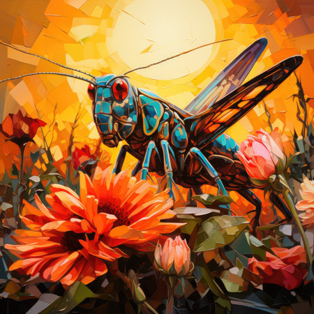 Beautiful grasshopper on a background of flowers.の素材