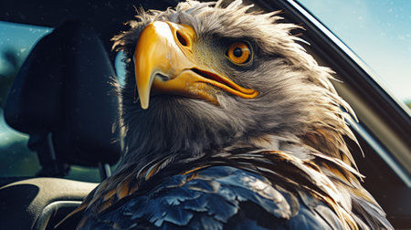 Close-up portrait of a bald eagle sitting in a car.の素材