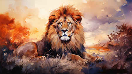 a lion in a meadow at sunsetの素材