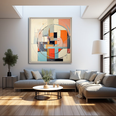 Interior of modern living room with sofa, coffee table and painting on wallの素材