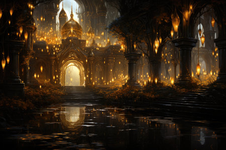 a fantasy landscape with a church and a pondの素材