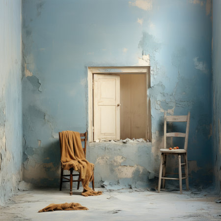 Old wooden chair on the background of an old blue wall with a windowの素材