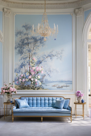 Luxury blue sofa in classic interior with painting on the wallの素材