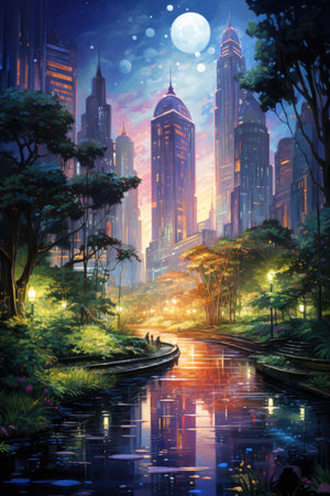 Fantasy landscape with lake and skyscrapers in the night.の素材