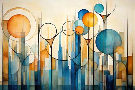 Abstract background with circles and lines in blue and orange colors.の素材