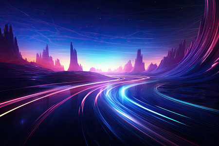 Fantasy landscape with high speed road and glowing lightsの素材