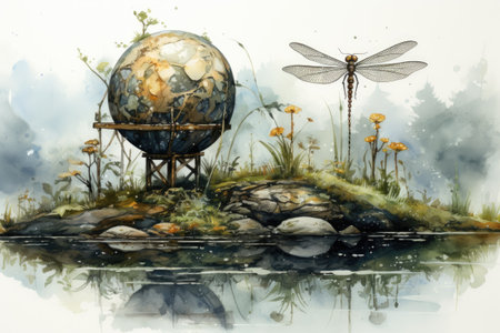 Watercolor painting of a dragonfly and a globe in the waterの素材