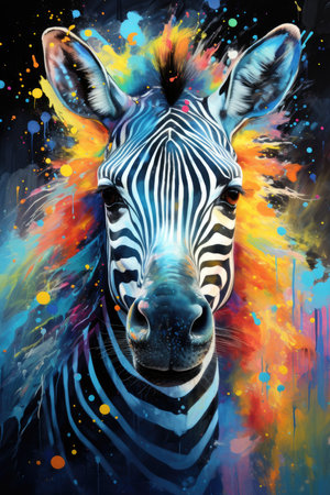 Zebra head with colorful splashes on abstract colorful background.の素材