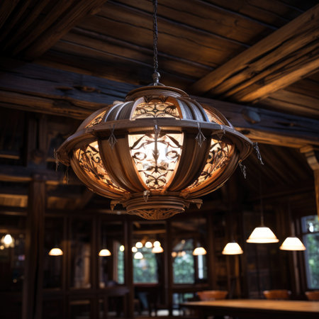 Vintage lamp hanging from the ceiling of a wooden house in the eveningの素材