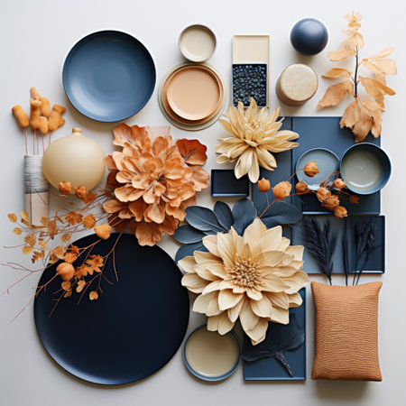 Beautiful autumn composition with dried flowers and plates on white background, flat layの素材